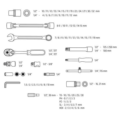 SET OF SOCKET KEYS 1/4'', 1/2'' 77 PARTS CRV - T N08-915
