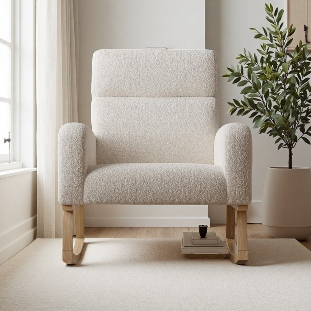 Schommelstoel – Relaxstoel – Fauteuil – Voedingsstoel – Loungestoel – Beige – Zachte Schapenvacht Bekleding – Ergonomisch Lendenkussen