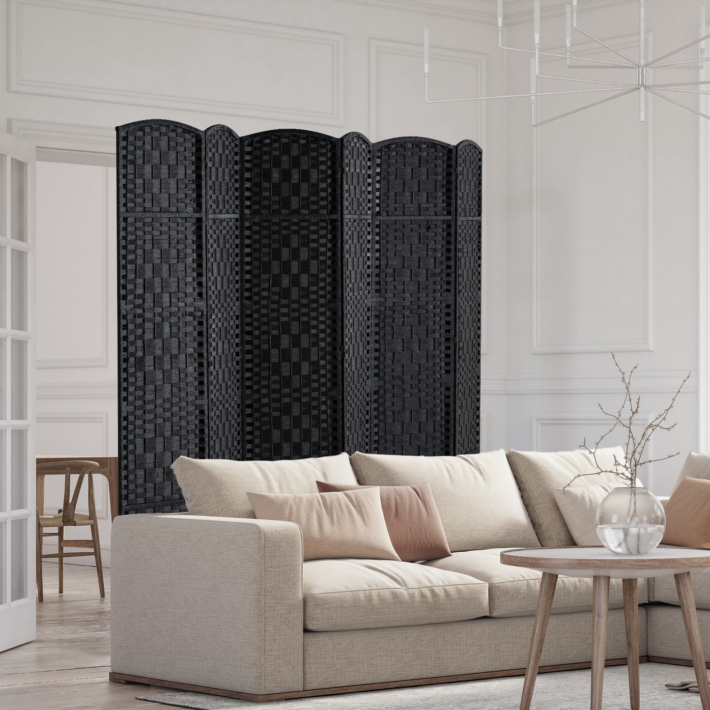 Kamerverdeler – Ruimteverdeler – Scheidingswand – Privacy Scherm – 6 Panelen – Paulownia Hout – Handgeweven Rattan – 360° Draaibaar – Zwart