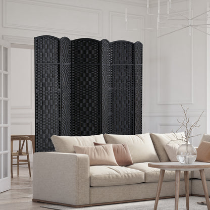 Kamerverdeler – Ruimteverdeler – Scheidingswand – Privacy Scherm – 6 Panelen – Paulownia Hout – Handgeweven Rattan – 360° Draaibaar – Zwart