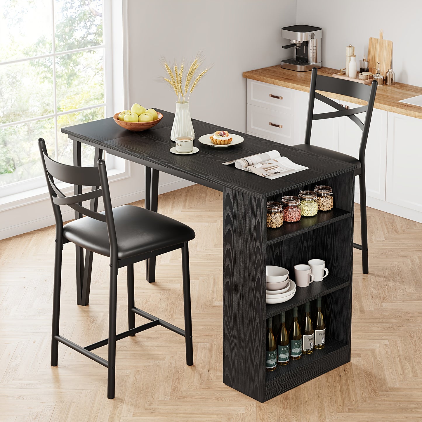 3pcs Two-Person Kitchen Dining Table Set with 2 Chairs & Extendable Counter-Height Bar Table - Space-Saving Modern Farmhouse Style, Dark Wood & Black Metal Construction, 3 Storage Shelves, Easy Assembly for Small Spaces, Apar
