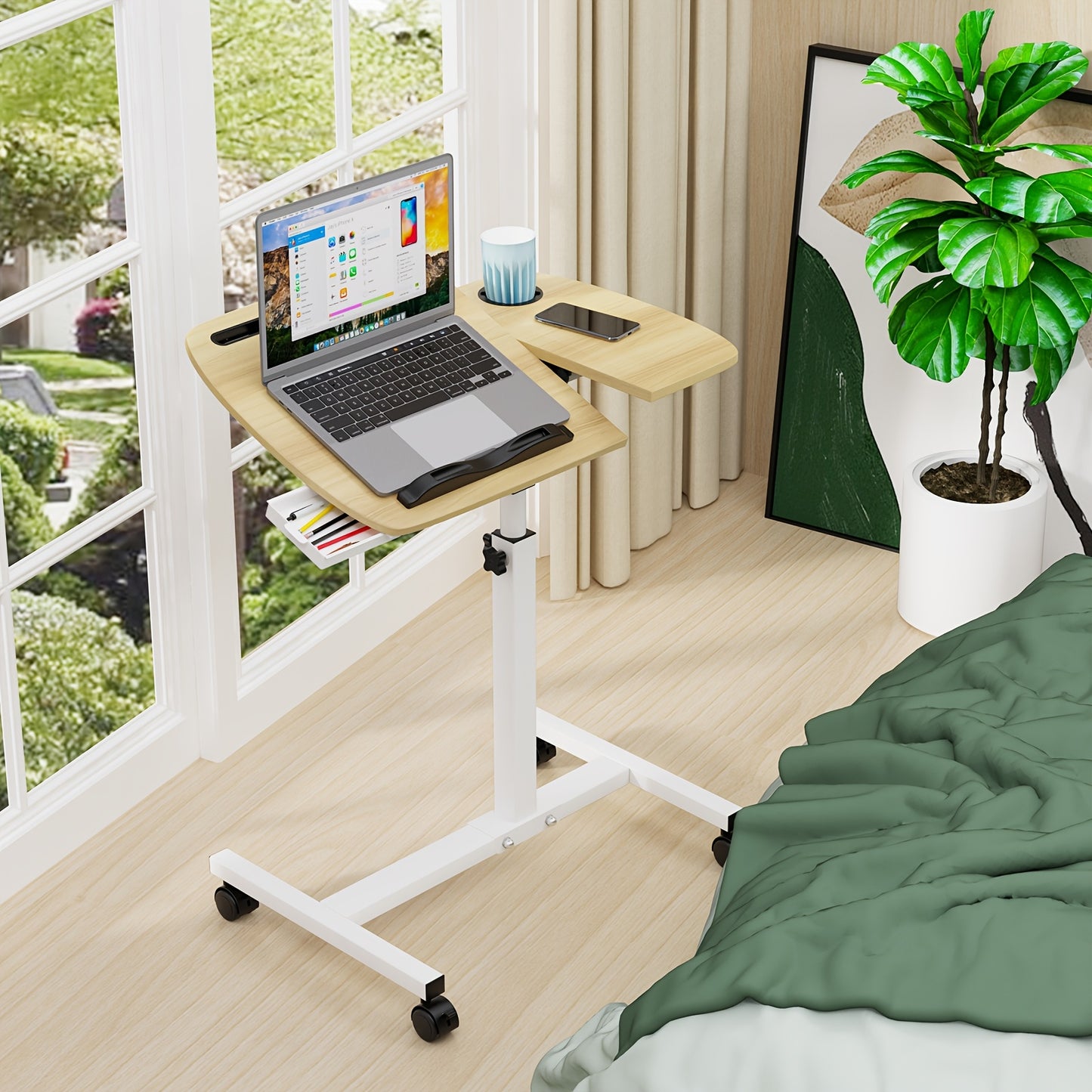 Laptoptafel – Bedtafel – Schoottafel – Mobiel Bureau – Laptopstandaard – Verstelbare Hoogte 59-89 cm – Compact 60x40 cm Met Lade En Bekerhouder