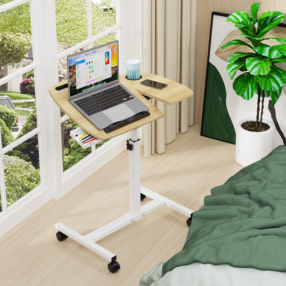 Mobile Side Table for Living Room & Home Office | Wooden Top, Lockable Wheels & Tiltable Ergonomic Design | Manual Height Adjustable 60-90cm, Scratch-Resistant Surface