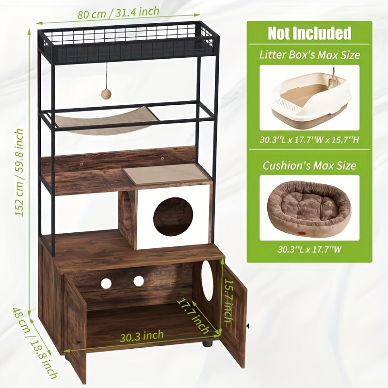 Kattenbakmeubel – Kattenkast – Kattenbakkast – Kattenhuis – Kattenbakkast – Houten Fiberboard – Ruim Ontwerp Met Sisal Hangmat & Speelbal – Omkeerbare Toegang Met Extra Opbergruimte