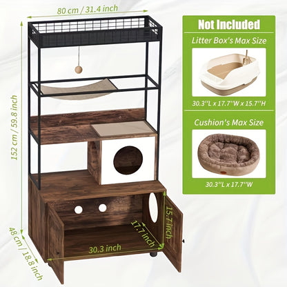 Kattenbakmeubel – Kattenkast – Kattenbakkast – Kattenhuis – Kattenbakkast – Houten Fiberboard – Ruim Ontwerp Met Sisal Hangmat & Speelbal – Omkeerbare Toegang Met Extra Opbergruimte