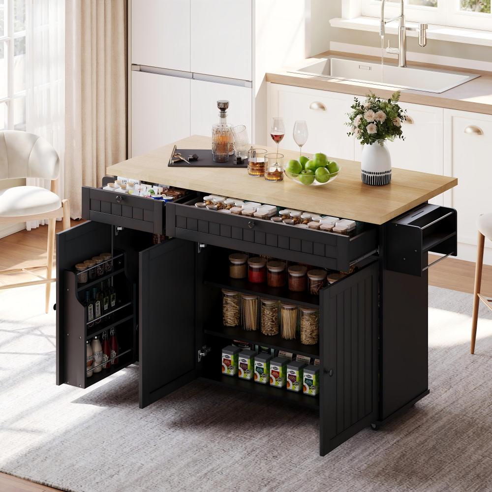 Keukeneiland – Keukentrolley – Keukenkast – Serveerwagen – Keukenwagen – Matzwart – Inklapbaar Werkblad – Lockbare Wieltjes – 137x89,5x45 cm