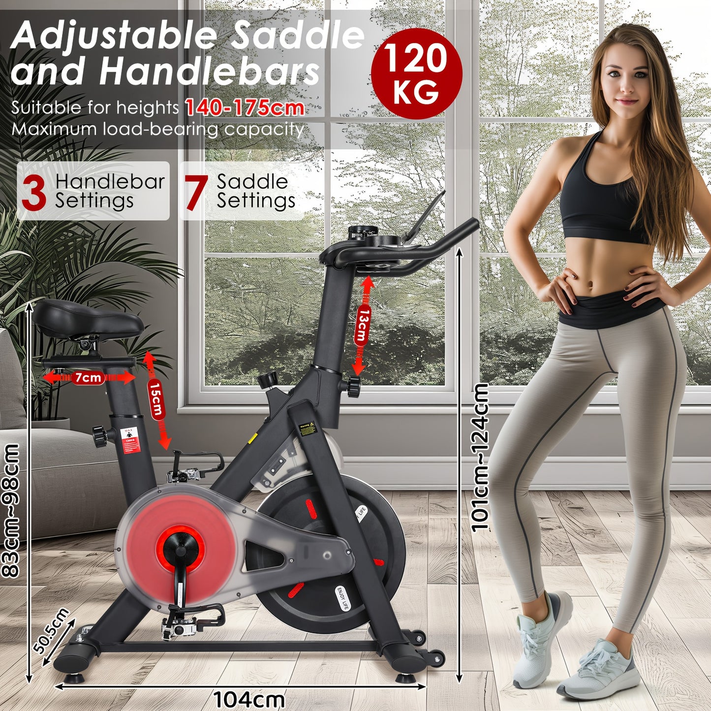 Magnetische Hometrainer – Fitnessfiets – Indoor Bike – Crosstrainer – Trainingsfiets – Stille Werking – 10 Weerstandslevels – Verstelbaar Zadel – Max. 150 kg – Rood