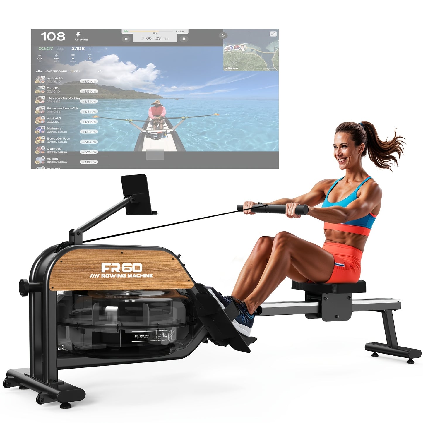 1 VOWVIT 28L Water Tank Rowing Machine for Home | With LED Monitor, Adjustable Tablet Holder, Aluminum Alloy, Max User Height 200 cm, Without Battery