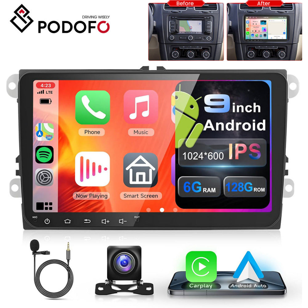 Autoradio – Auto Radio – Multimedia Speler – 1 DIN – Android Autoradio – 9 Inch Touchscreen – 6GB RAM 128GB Opslag – Draadloos CarPlay & Android Auto – Achteruitrijcamera & Microfoon