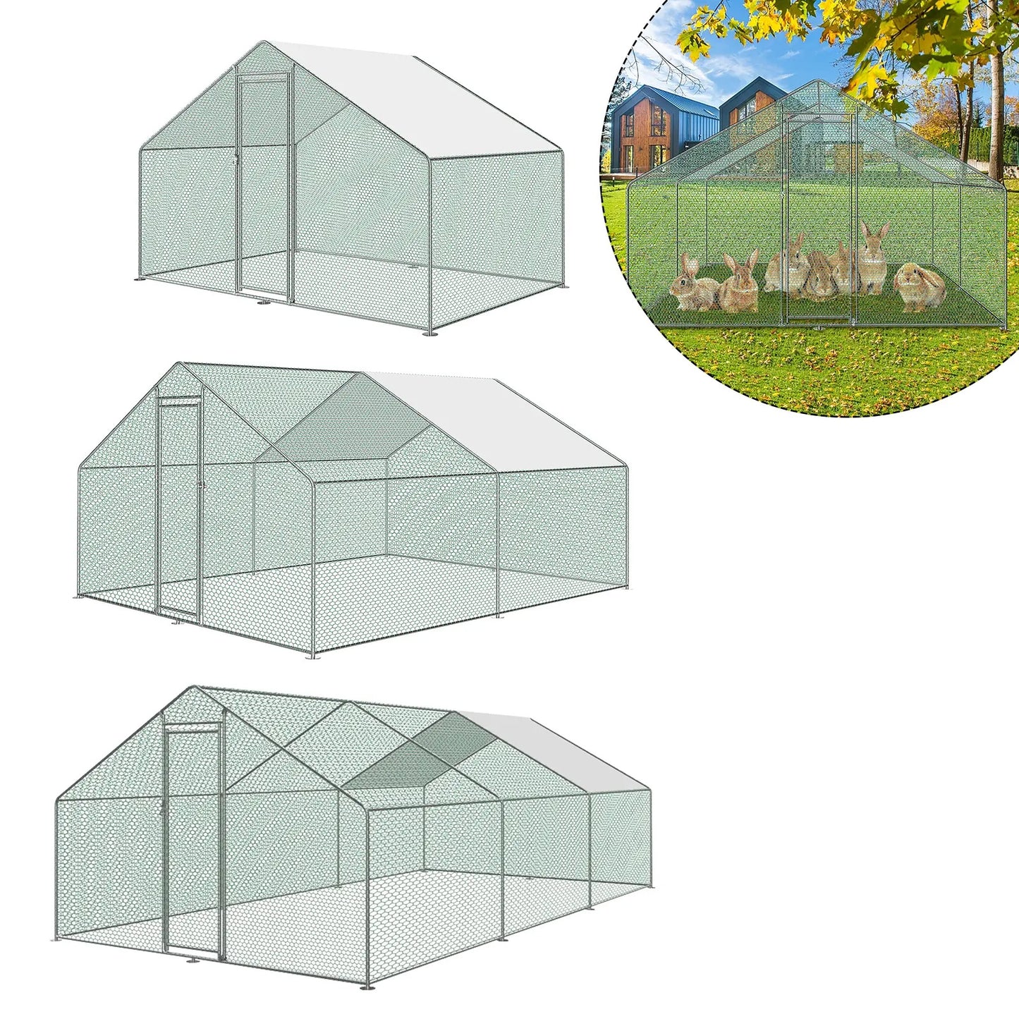 Kippenren – Kippenhok – Pluimveehok – Kippenren Buiten – Dierenren – 3x8x2m – Gegalvaniseerd Stalen Frame – PE Zonnescherm UV-Bestendig