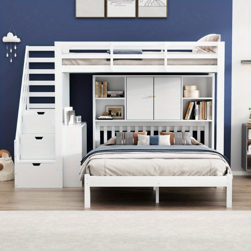 Hoogslaper – Stapelbed – Eenpersoonsbed – Kinderbed – Bed met Bureau – Ruimtebesparend – Gemakkelijk te Montaren Zonder Gereedschap – Wit Modern Design