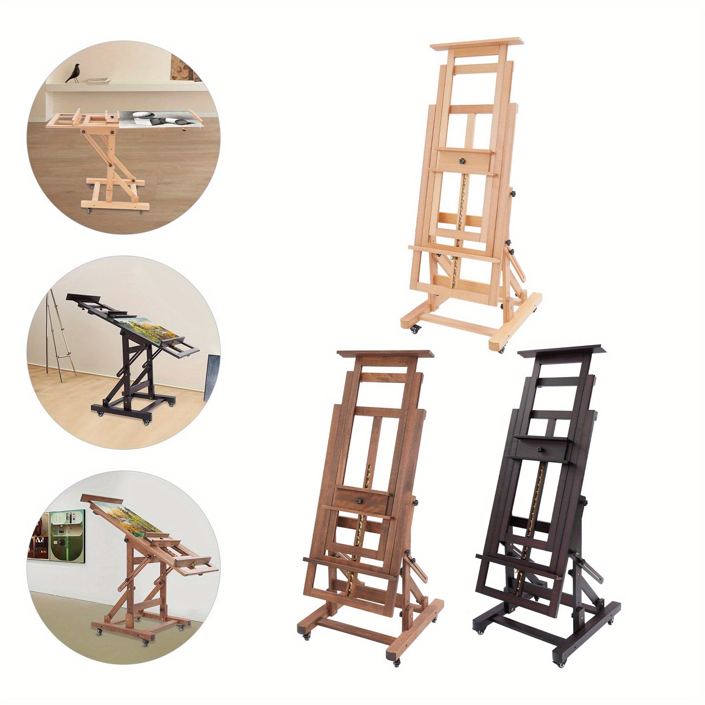 Verstelbare Kunstenaars Ezelschaal – Schildersezel – Atelier Ezelschaal – Houten Ezelschaal – Kunst Easel – Walnoot Kleur – Verstelbare Hoogte 140-300 cm – Stevige H-vormige Basis met Remwieltjes