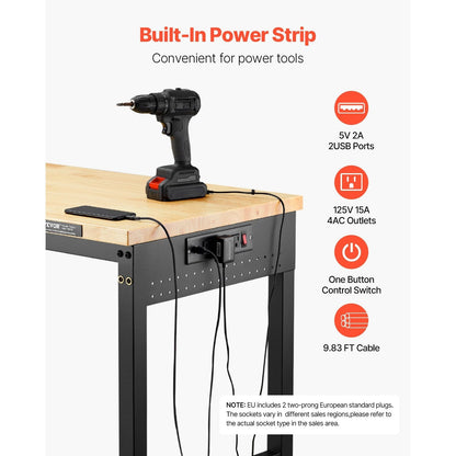 Werkbank – Werktafel – Werkbank Op Wielen – In Hoogte Verstelbaar – Klusbank – Massief Eiken Hout Werkblad – Ingebouwd Stopcontact Met USB-poorten