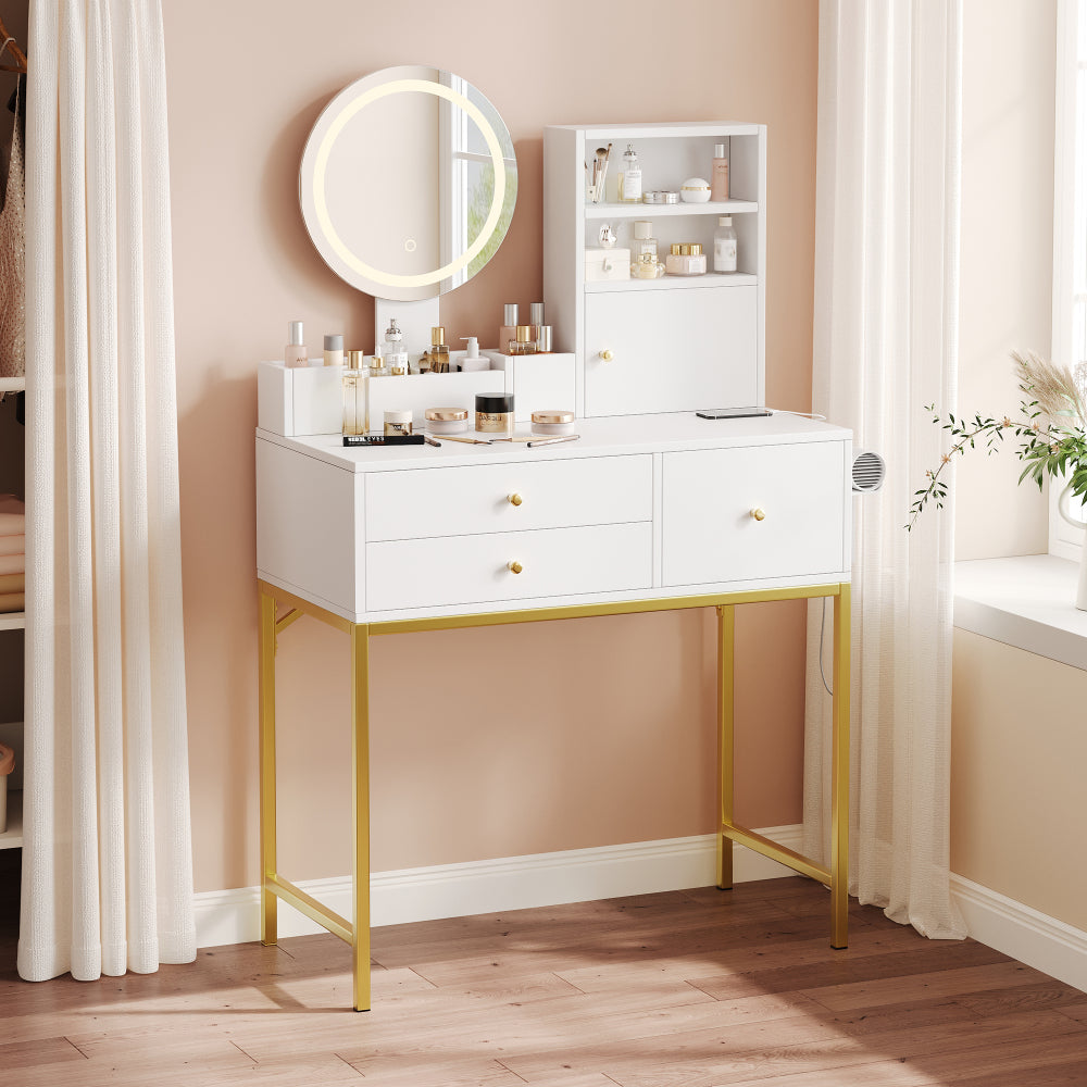 Grote Kaptafel – Make-uptafel – Dressing Table – Toilettafel – Schminktisch – Met 3 Lades en 1 Deur – Inclusief Spiegel en Open Opbergruimte – Wit 80x134x40 cm