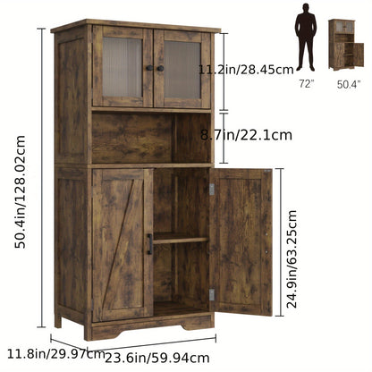 Kast – Opbergkast – Voorraadkast – Linnenkast – Vitrinekast – Vintage Stijl – Matglazen Deuren – 128x30x128 cm – MDF Bruin – Verstelbare Planken – Anti-Kantel Veiligheidsbeugel