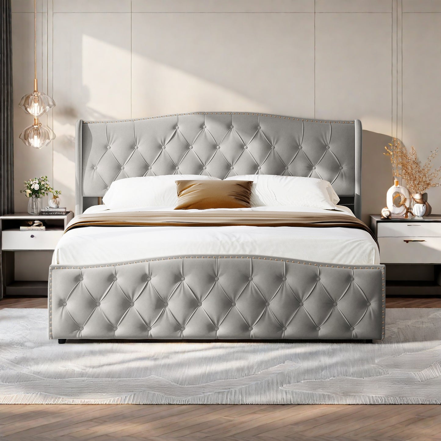 Tweepersoonsbed – Bed met Opbergruimte – Opbergbed – Boxspring – Staanderbed – Grijs 160x200 cm – Stevig MDF Frame – Luxe Fluwelen Bekleding