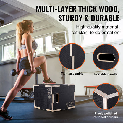Plyobox – Jump Box – Plyometrische Box – Step Up Box – Fitness Platform – Houten Verstelbare Plyo Box – 3 Hoogtes 16/14/12 Inch – Antislip Oppervlak
