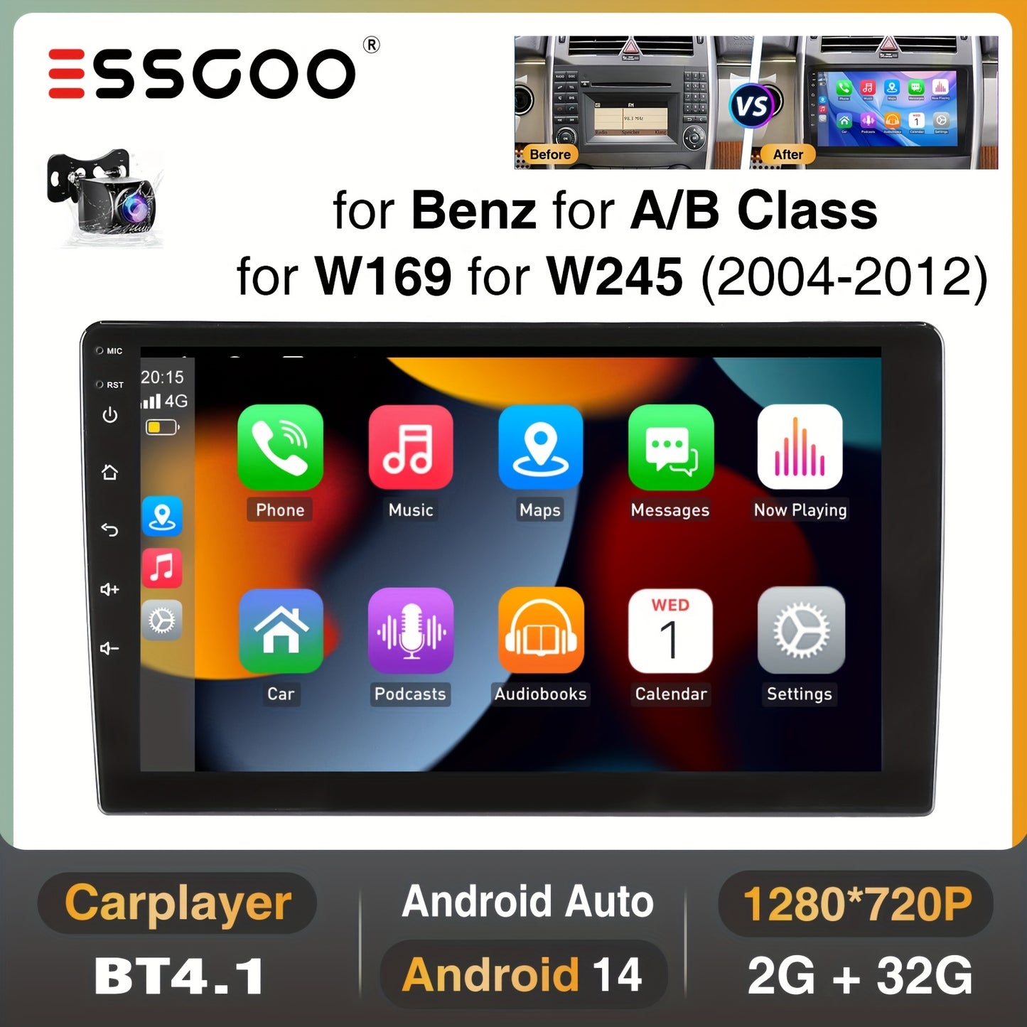 14-Inch Android Auto Radio – Auto Multimedia Systeem – Autoradio Navigatie – Touchscreen Radio – Wireless CarPlay Android Auto – 9 Inch IPS Display – Steering Wheel Control