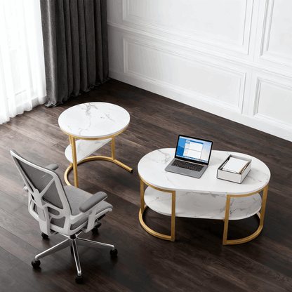 Ronde Salontafel Set – Bijzettafel – Sofa Tafel – Nestbare Tafels – Marmerlook – MDF Metalen Poten – Ruimtebesparend Design – Gouden Variant