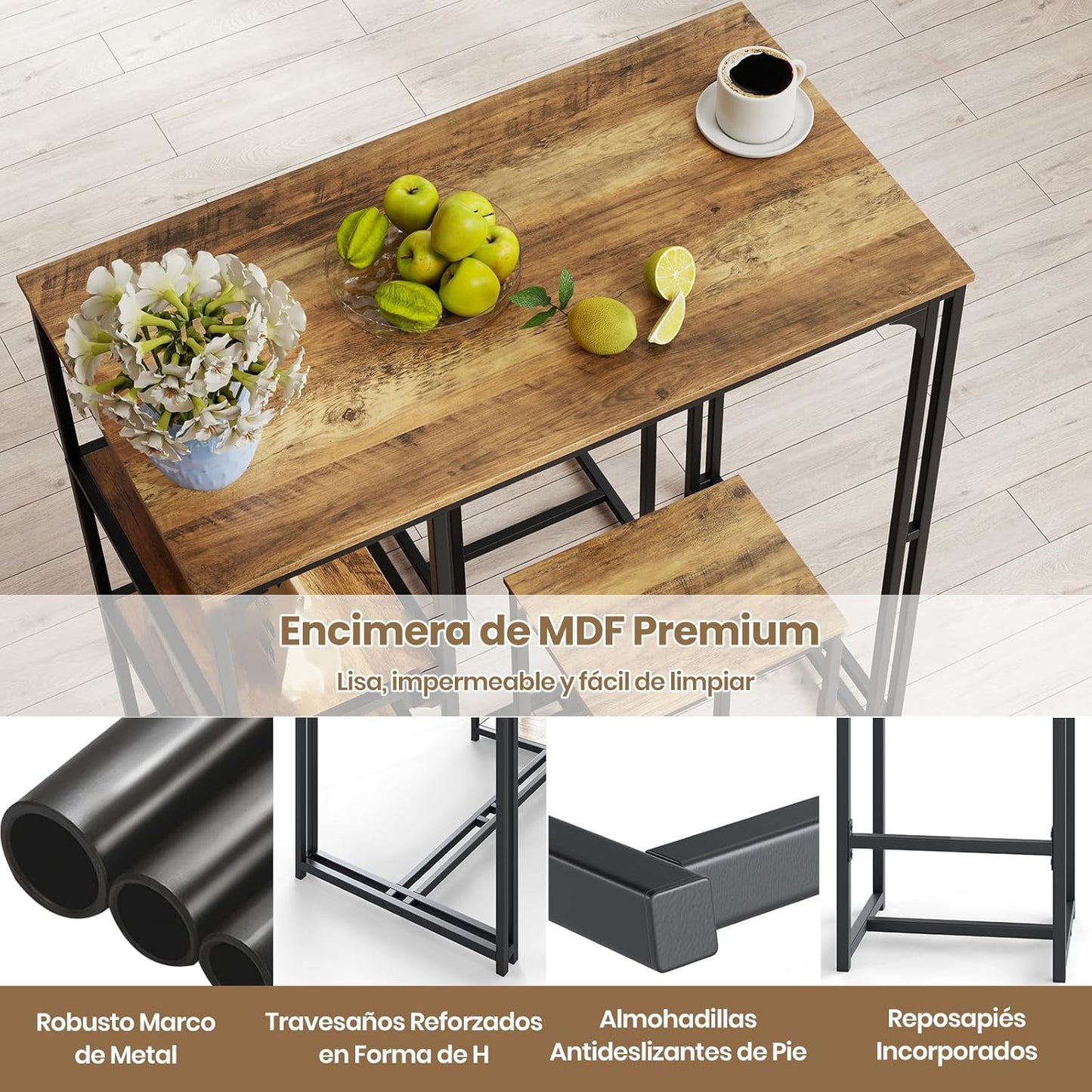 3-delig Barset – Bartafel Set – Bistroset – Eettafel Set – Krukjes – Compact Design – Stevige Metalen Constructie – Koffiebruin + Zwart