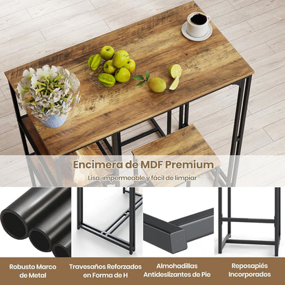 3-delig Barset – Bartafel Set – Bistroset – Eettafel Set – Krukjes – Compact Design – Stevige Metalen Constructie – Koffiebruin + Zwart