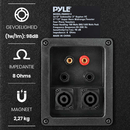 1600W Luidspreker – Subwoofer – PA Speaker – DJ Speaker – Party Speaker – Zwarte 1600 Watt – Dubbele 12-inch Woofers & 4 Tweeters
