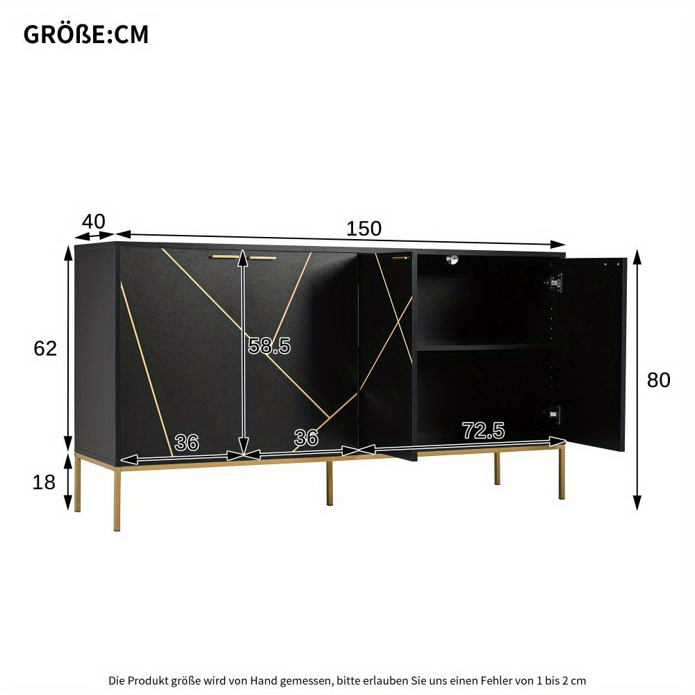 Buffetkast – Dressoir – Opbergkast – Kast – Buffet – Zwart Met Gouden Accenten – 4-Deurs Met Metalen Poten – Compact 80x150x40 Cm – Modern Lineair Design