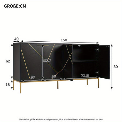 Buffetkast – Dressoir – Opbergkast – Kast – Buffet – Zwart Met Gouden Accenten – 4-Deurs Met Metalen Poten – Compact 80x150x40 Cm – Modern Lineair Design