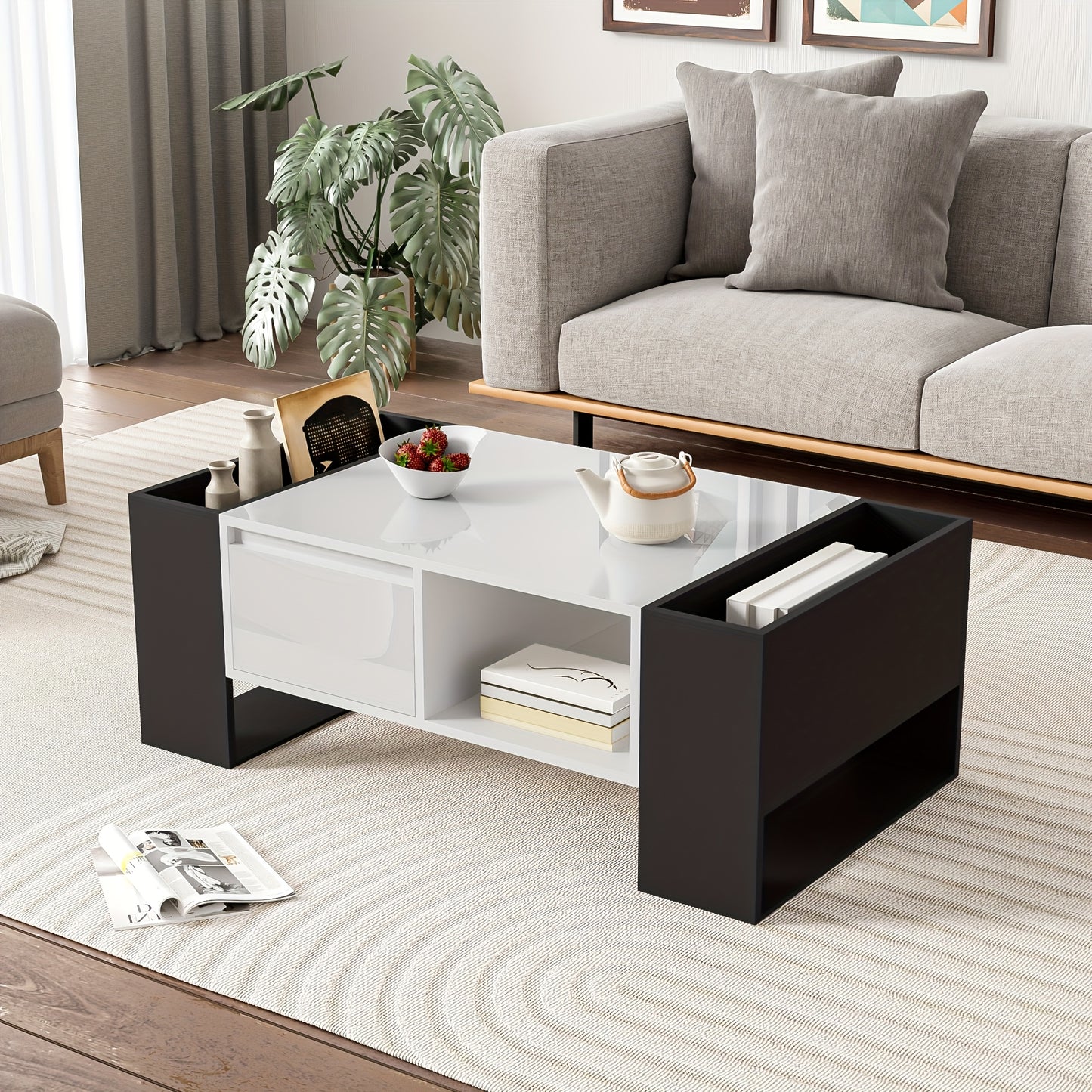 Salontafel – Koffietafel – Bijzettafel – Woonkamertafel – Tafel – Zwart-Wit – Hoogglans Afwerking – Hardhouten Opberglade Met 4 Open Vakken