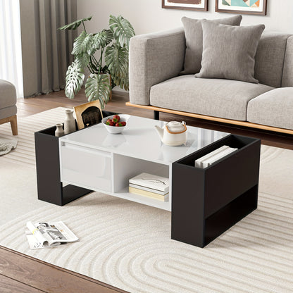 Salontafel – Koffietafel – Bijzettafel – Woonkamertafel – Tafel – Zwart-Wit – Hoogglans Afwerking – Hardhouten Opberglade Met 4 Open Vakken