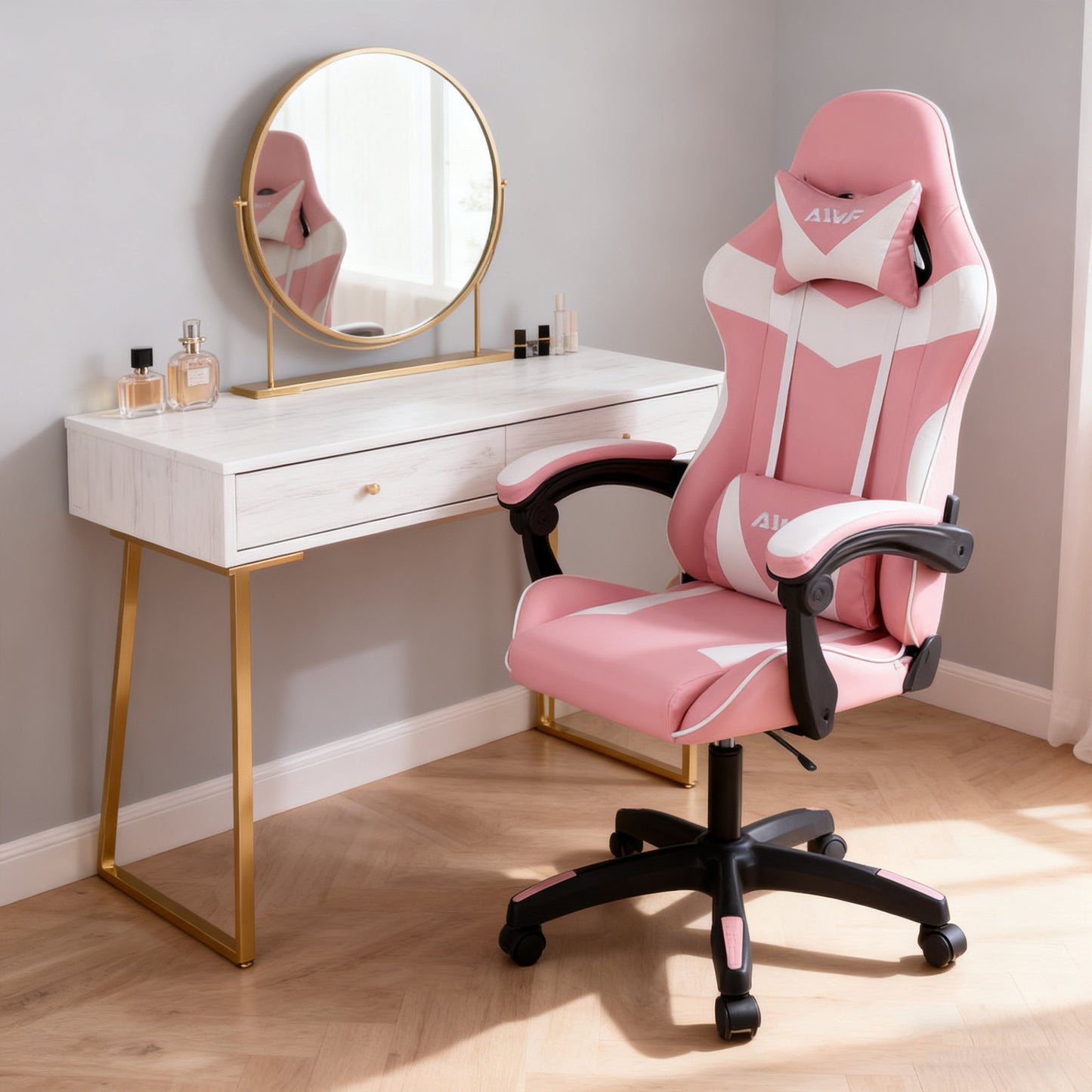 Gamingstoel – Gamestoel – Gaming Chair – Bureaustoel – Ergonomische Stoel – 135° Verstelbare Rugleuning – Ademend Roze Stof – Breed Zitvlak met Armleuningen