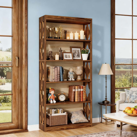 Houten Boekenkast – Boekplank – Opbergkast – Vakkenkast – Openkast – Walnoot Afwerking – 6-Lagen Planken – Stevig MDF Hout – Veilig Met Muurbevestiging