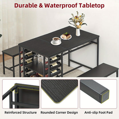 Eettafelset – Tafel en Banken – Keukentafel – Diningset – Compacte Eettafel – Ruimtebesparend Design – Ingebouwd Wijnrek en Opbergrek – Stevig Hardhout – Voor 4 Personen – Modern Zwart