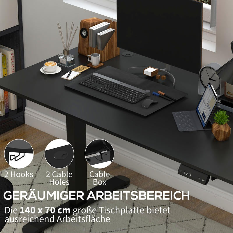 Hoog-laag bureau – Verstelbaar bureau – Zit-sta bureau – Computerbureau – Werkplek bureau – Handmatig verstelbaar – Houten blad 140x70 cm – Strak zwart design