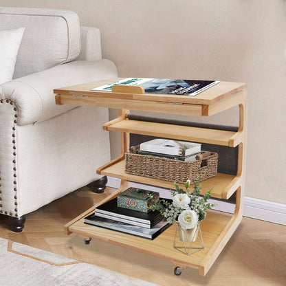 TOOL1SHOOO Modern C-Shaped Pulley Side Table with Lockable Castors, 4-Tier Storage Shelf & Adjustable Tabletop - Heavy-Duty Wooden Mobile Cart with Smooth-Glide Mechanism, Space-Saving Design for Living Room, Bedroom, Home Of