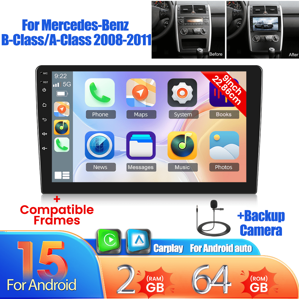 Android Autoradio – Multimedia Systeem – 2-DIN Radio – Dashboard Unit – Navigatiesysteem – 9 Inch Touchscreen – Draadloze CarPlay & Android Auto – Achteruitrijcamera Inclusief Microfoon