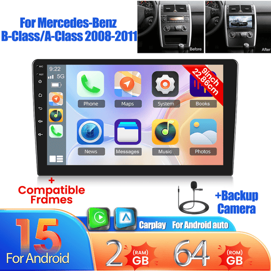 Android Autoradio – Multimedia Systeem – 2-DIN Radio – Dashboard Unit – Navigatiesysteem – 9 Inch Touchscreen – Draadloze CarPlay & Android Auto – Achteruitrijcamera Inclusief Microfoon