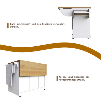 Multifunctionele Keukentrolley – Serveerwagen – Werkblad – Opbergwagen – Trolley Wit – Klapbaar Tafelblad – Ruime Opbergruimte Met Wieltjes