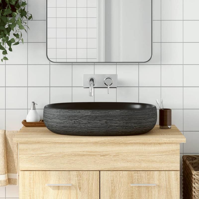 Waskom – Opzetwaskom – Wastafel – Keramische Wasbak – Badkamerkom – Zwart-Grijs – Ovaal – 59x40x14 cm – Duurzaam Keramiek – Modern Strak Design