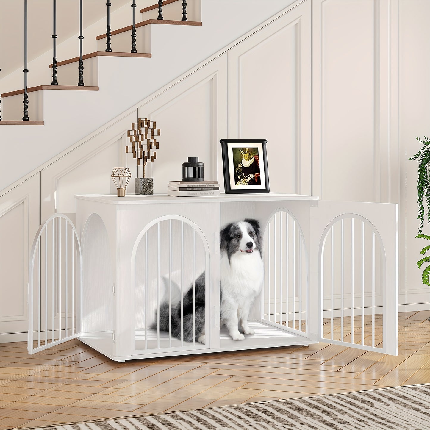 Hondenbench – Hondenkooi – Hondenkooi Binnen – Reisbench – Hondenhok – 3 Deuren & Boogvormige Deur – Stevig Metaal Met Houten Afwerking – Voor Middelgrote en Grote Honden – Wit