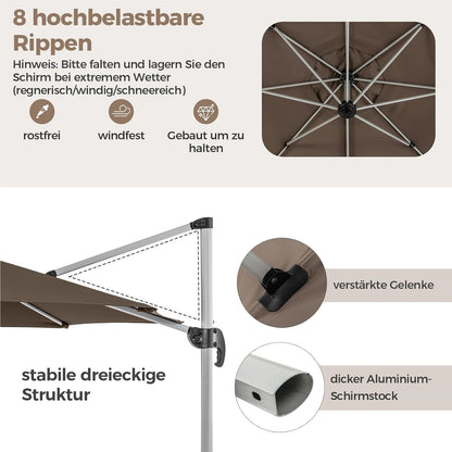 Zonnescherm – Parasol – Tuinparasol – Terrasparasol – Balkonparasol – Ø 330 cm – UPF 50+ – 360° Draaibaar met Kantelfunctie – Bruin