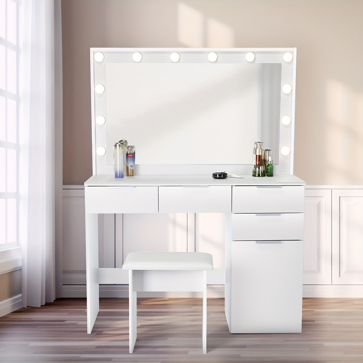 White Vanity Desk with a Mirror And Stool, Featuring Drawers And Modern Design, Equipped with 12 Adjustable LED Lights for Brightness Control.