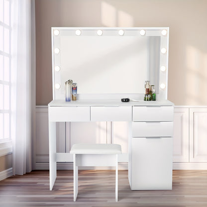 White Vanity Desk with a Mirror And Stool, Featuring Drawers And Modern Design, Equipped with 12 Adjustable LED Lights for Brightness Control.