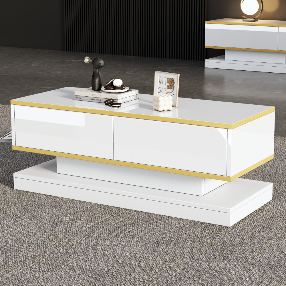 Salontafel – Woonkamertafel – Koffietafel – Bijzettafel – Coffee Table – Warm Wit Met Gouden Accenten – 2 Ruime Lades – 100 Cm Breed Met Stabiel Metalen Frame