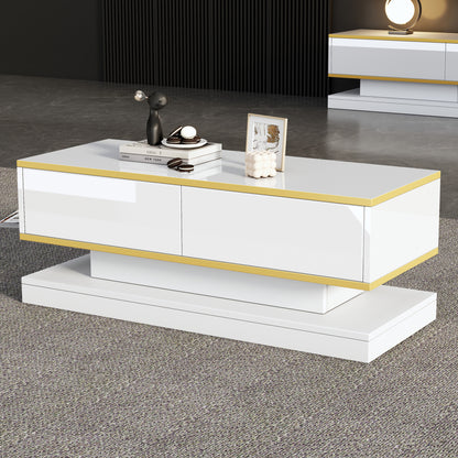 Salontafel – Woonkamertafel – Koffietafel – Bijzettafel – Coffee Table – Warm Wit Met Gouden Accenten – 2 Ruime Lades – 100 Cm Breed Met Stabiel Metalen Frame