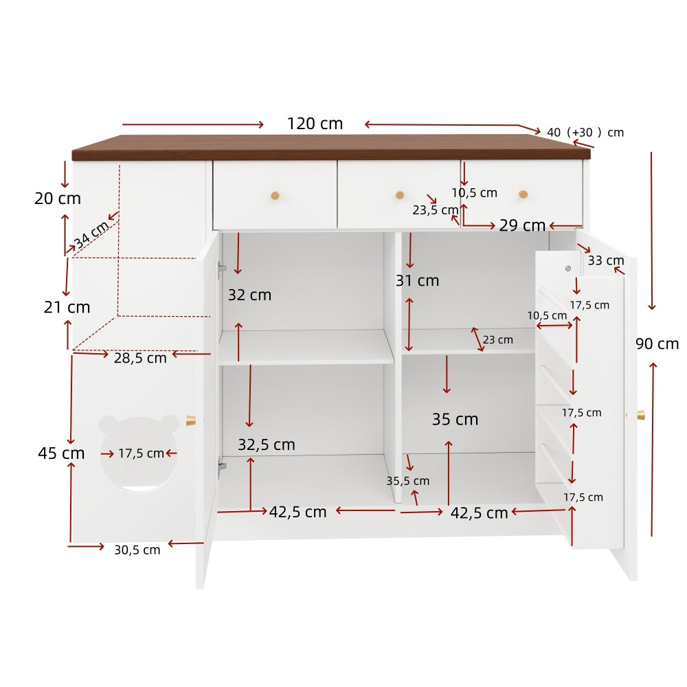Keukeneiland – Keukentrolley – Keukenwagen – Kitchen Sideboard – Opbergmeubel – Uitschuifbaar Werkblad 120x70 cm – Ingebouwd Kruidenrek – Huisdier Voerplek Wit/Walnoot