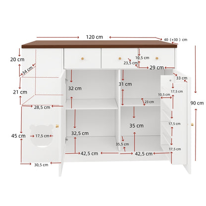 Keukeneiland – Keukentrolley – Keukenwagen – Kitchen Sideboard – Opbergmeubel – Uitschuifbaar Werkblad 120x70 cm – Ingebouwd Kruidenrek – Huisdier Voerplek Wit/Walnoot