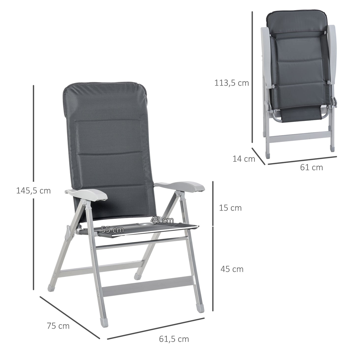 Tuinstoelen – Klapstoelen – Balkonstoelen – Campingstoelen – Verstelbare Tuinstoelen Donkergrijs – Aluminium Frame – Inklapbaar Met Hoge Rugleuning