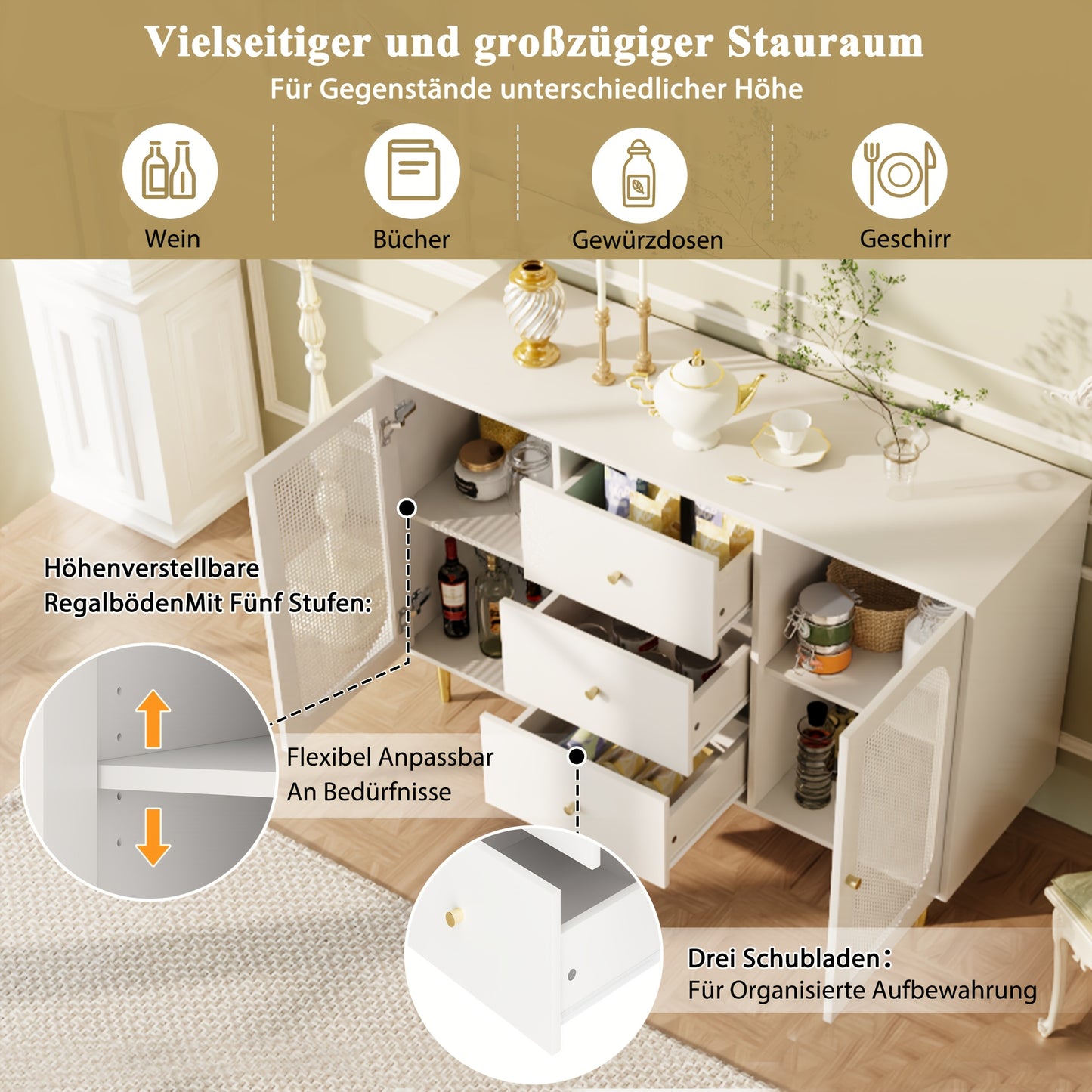 Dressoir – Sideboard – Opbergkast – Ladekast – Kast – Wit – MDF & Rattan – Multifunctionele Meubelset