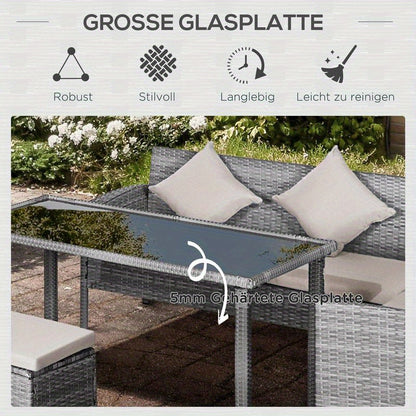 5-Tlg. Gartenmöbel Set, Rattan Sitzgruppe Mit Fußhocker, Metall, Grau, 142 X 60 X 75 Cm